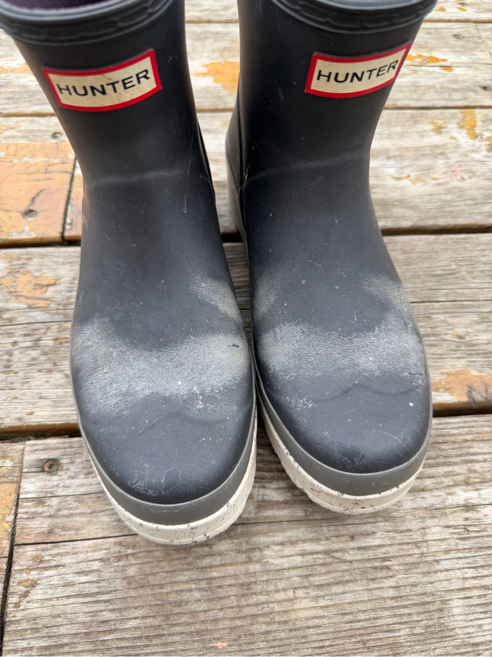 Hunter Black Rain Boots with White Soles and Red Logo Trim